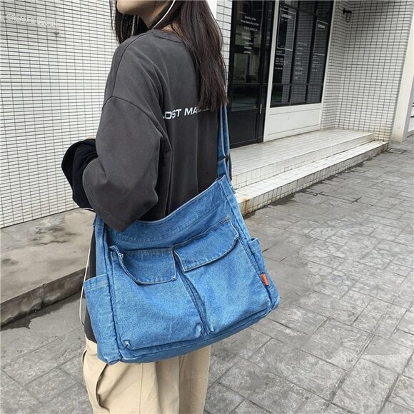 Denim Shoulder Bag Canvas Messenger Bag for Women Men Tote Bag Casual Retro Aest - Picture 8 of 8